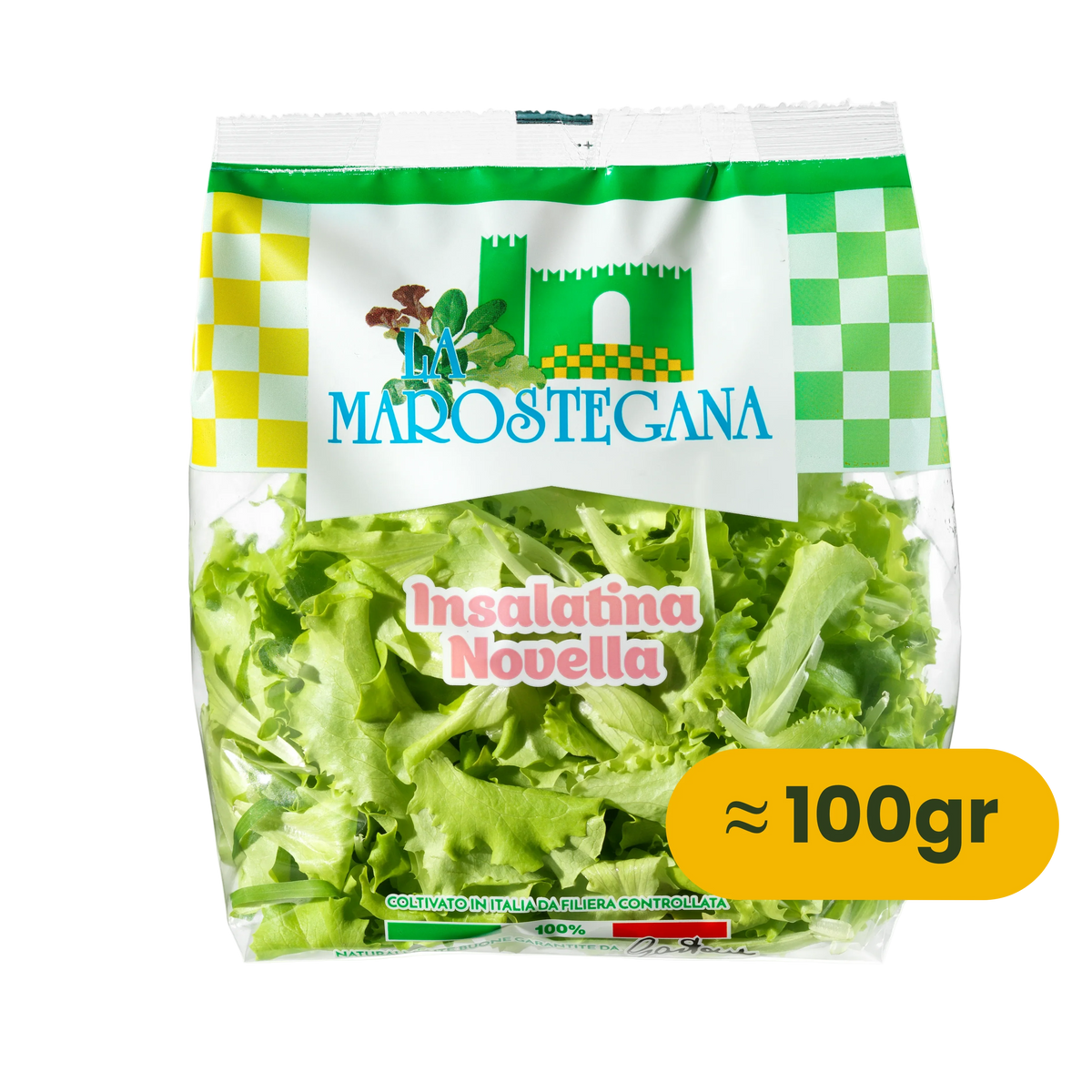 Busta di insalatina novella La Marostegana da 100 gr, lavata e pronta all'uso